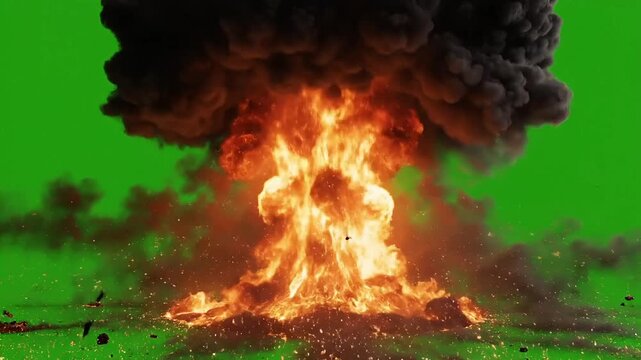 A massive fiery explosion erupts with dark smoke against a green screen background.