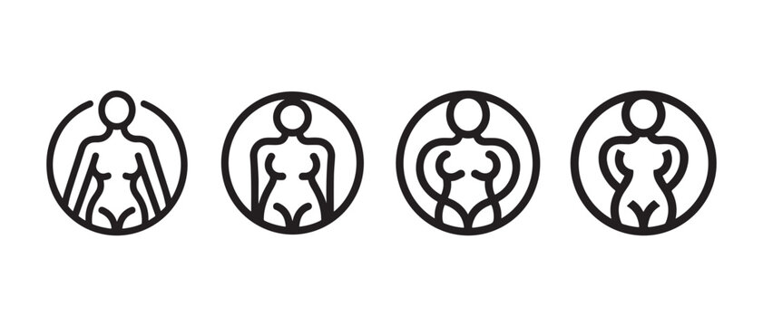 Female body shape icons set showing diverse silhouettes and weight types in line art style.