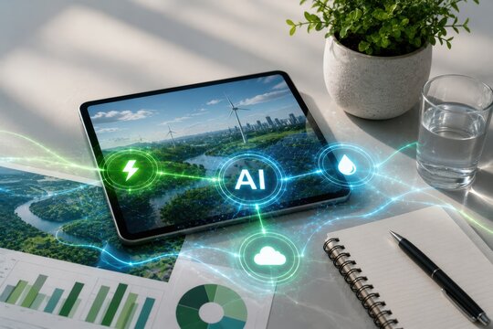 AI Sustainability Planning Concept With Tablet and Green Workspace