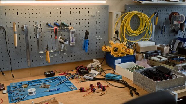 Camera panning across engineering workbench filled with electronic components, tools, and 3D printed parts. Video is perfect for content on hardware development, STEM education, or DIY tech