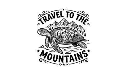 Fototapeta premium Mountain Travel Turtle Tattoo Vector Illustration with Adventure Typography