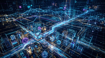 Fototapeta premium Abstract digital grid with glowing data lines and geometric structures, representing artificial intelligence, big data, cloud computing, digital infrastructure, data processing