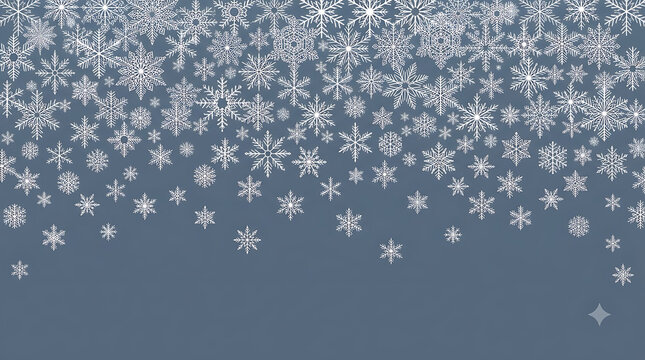 Winter snowflake border on blue background, falling white snow crystals, festive holiday frame for Christmas cards