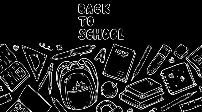Back to School vector banner. Naive white chalk line art elements with backpack, book, notebook and pen on black background