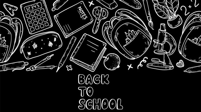 Back to School vector banner. Naive white chalk line art elements with backpack, calculator, microscope and notebook on black background