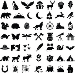 Obraz premium Adventure and camping icon set with wild animals mountains and equipment for outdoor design projects