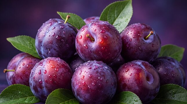 a vibrant pile of ripe plums glistening with moisture nestled amongst fresh green leaves creates a visually appealing