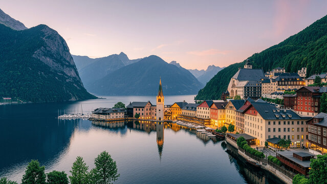 Scenic Lakeside Town Surrounded by Majestic Mountains