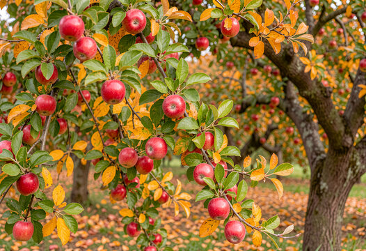 Apples on apple tree in autumn orchard with red fruit and orange leaves