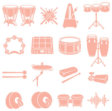 Assorted percussion instrument icons showing drums and rhythmic tools in a clean flat vector style