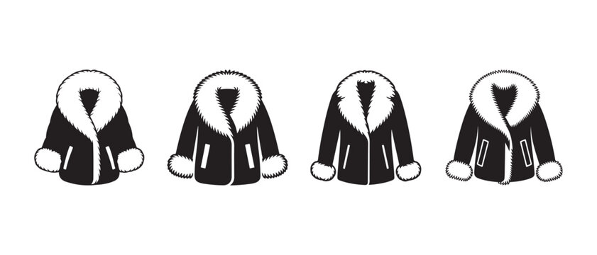 Set of winter fur collar jacket icons, sheepskin coat vector illustrations for fashion.