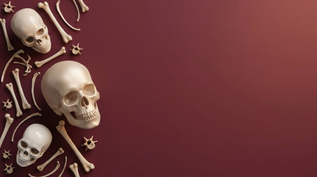 Skulls and bones arranged artistically on a transparent background