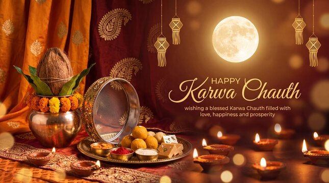 Traditional Karwa Chauth festival arrangement with decorated kalash, puja thali, diya, sieve and full moon background