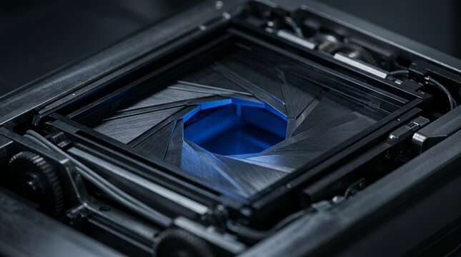 Radiotherapy machine beam collimator lens with glowing blue light for cancer treatment.