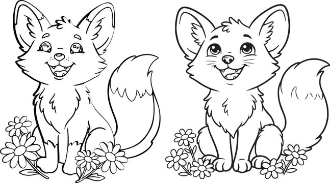  two side-by-side variations of a cute cartoon fox coloring page for children, sitting in a patch of daisies.