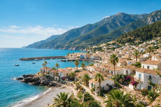 Mediterranean coastal village hillside scenery with white houses and blue sea