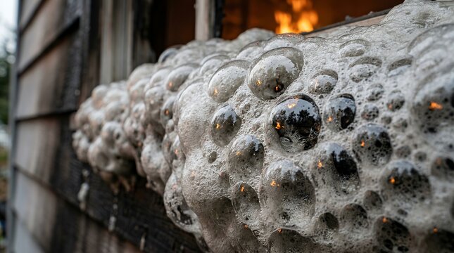 Macro view of heat resistant fire retardant foam protecting a building from flames