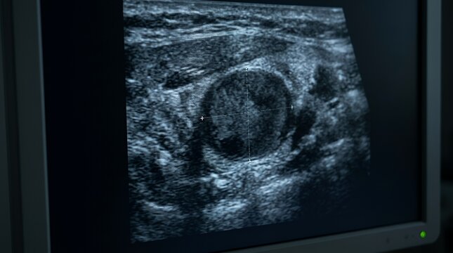 Ultrasound scan showing a hypoechoic thyroid nodule on a medical monitor screen.