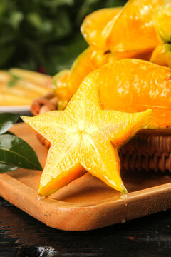 Fresh Yellow Star Fruit Carambola from Hainan China on Wooden Board - Tropical Exotic Fruit