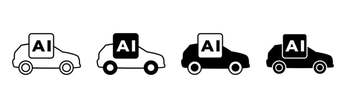 Set of four minimalist car icons featuring artificial intelligence branding for modern transportation concepts.