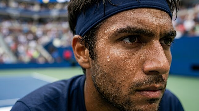 Macro portrait of a sweating tennis player showing intense focus during a professional match.