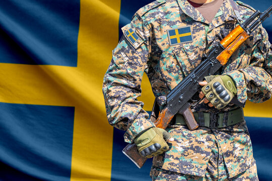 Sweden flag with soldier holding assault rifle