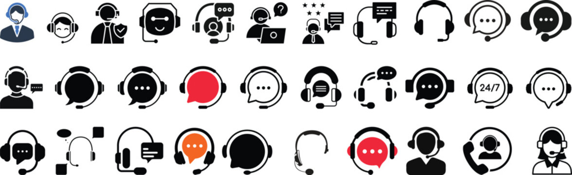 Customer support icon set in three styles. Editable Stroke. Headset with chat bubble for help, service and call center. Support, headset, customer service, call center, help, operator - stock vector