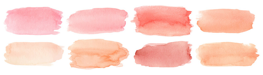 Obraz na płótnie Canvas Peach watercolor stain with gentle brush marks and pastel pink hues forms a dreamy abstract backdrop perfect for creative projects and elegant water-based compositions.