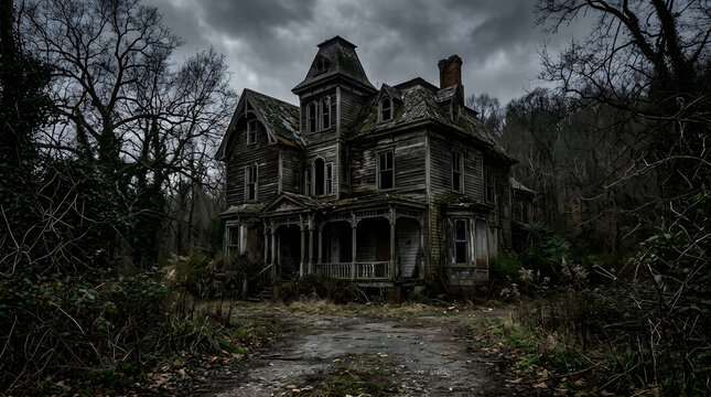 Abandoned Victorian mansion in overgrown forest under gray sky