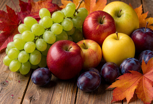 Autumn fruit still life with apples, grapes, plums on wooden board
