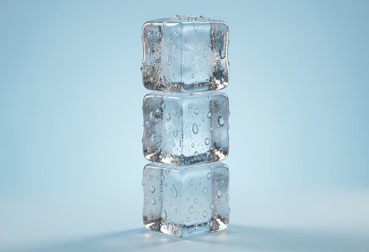 Three ice cubes stacked on blue background