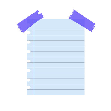 A piece of lined notebook paper with purple tape on the top corners isolated on transparent background