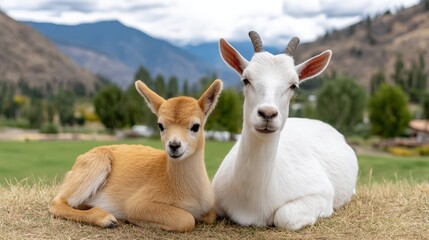 Naklejka premium A baby alpaca and a white goat resting together in a beautiful meadow landscape