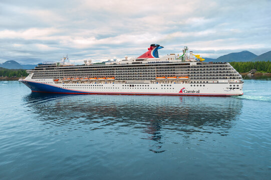 Ketchikan, Alaska, USA - July 12, 2026: Cruise Ship Carnival Spirit Sailing in Harbor Bay of Ketchikan Alaska. Side View.