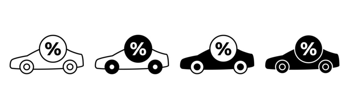 Four variations of car icons featuring a percentage symbol for automotive finance and sales.