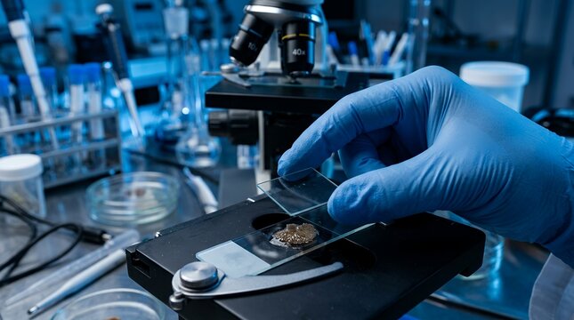 Mycologist in sterile gloves preparing mushroom sample under microscope for fungal research analysis
