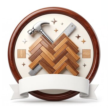 Cute 3D style parquet wood flooring logo featuring wooden tiles with hammer and metal ruler inside round frame with blank white ribbon banner mockup on isolated white background