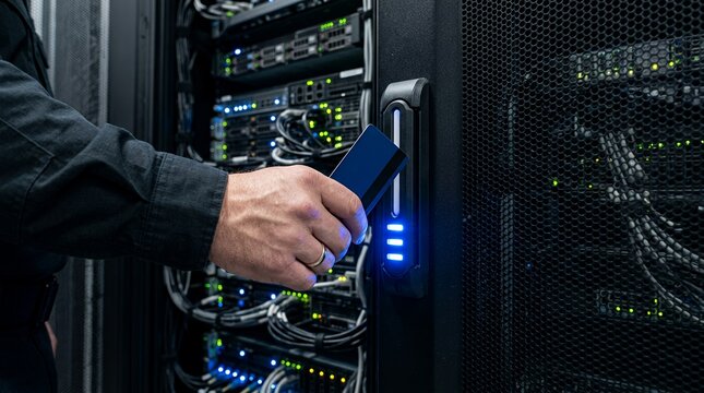 Security specialist swiping key card on electronic lock of server rack in data center.