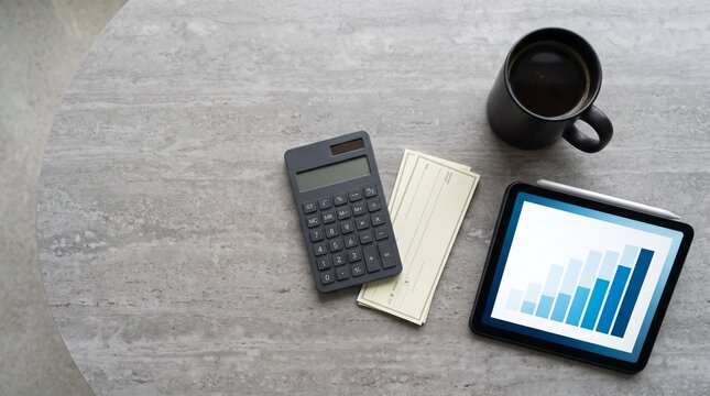 Business financial tools showing growth chart on tablet with calculator on desk.