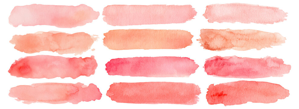 Gentle water stains and brush strokes form a pastel pink splash with coral accents, ideal for elegant backgrounds and artistic water-based illustration designs.