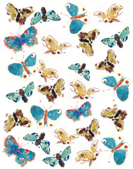 A continuous watercolor pattern of scattered butterflies and moths against a clean white backdrop. © sandeep