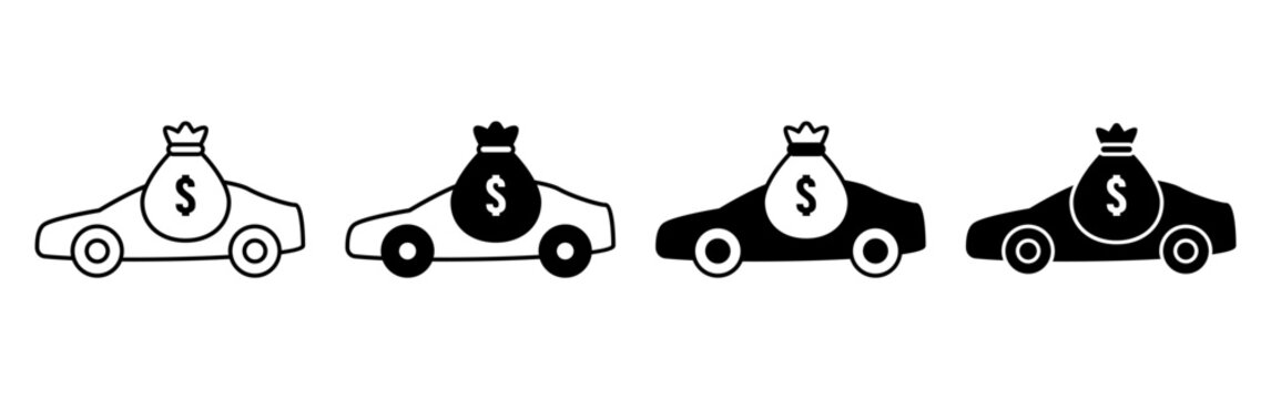 A set of four stylized car icons featuring money bags with dollar signs.