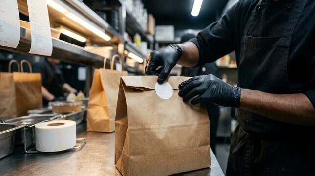 Worker sealing takeaway paper bag with sticker in professional dark kitchen restaurant.