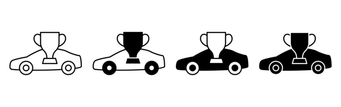 A set of four minimalist car icons featuring trophy symbols representing automotive victory and racing success.