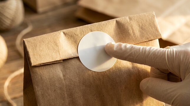 Gloved hand applying a blank white round sticker to a brown paper takeaway food bag.