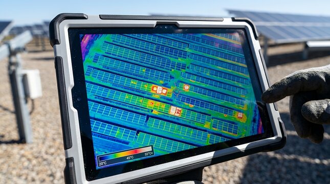 Thermal drone inspection of solar panels on tablet screen for renewable energy maintenance.