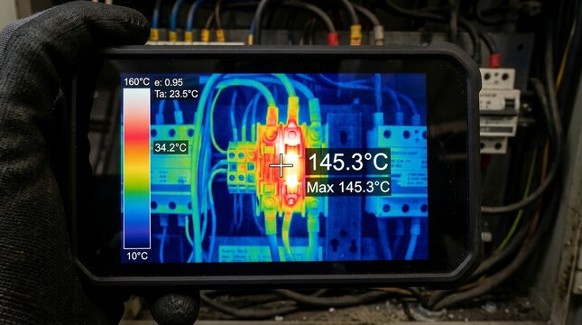 Thermal camera display showing electrical component overheating with high temperature hotspot.