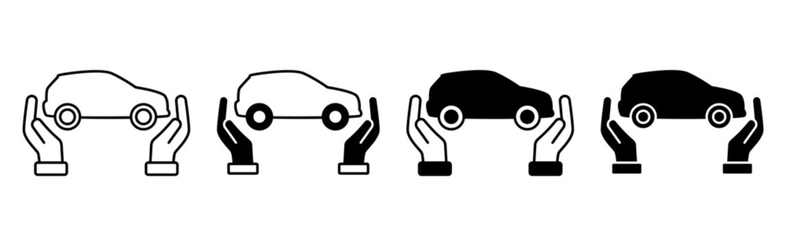 Set of car insurance icons featuring hands protecting vehicles in various outline and solid styles.