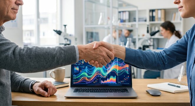 Business Handshake over a Laptop Displaying Data Graphs