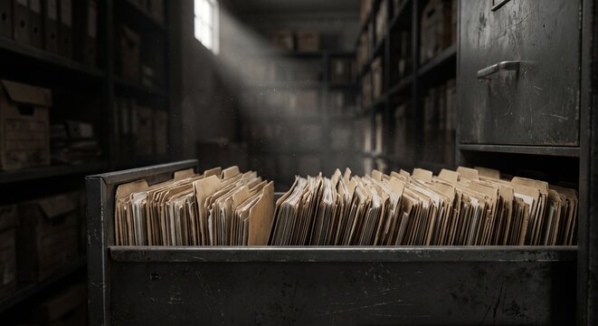 Open filing cabinet drawer full of folders in a dark dusty archive room